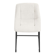 Front facing single back view of a set of two contemporary white chenille dining side chairs with black bases on a white background