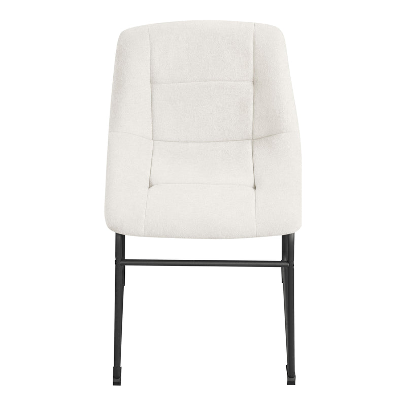 Front facing single back view of a set of two contemporary white chenille dining side chairs with black bases on a white background