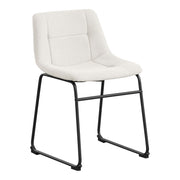 Right facing single view of a set of two contemporary white chenille dining side chairs with black bases on a white background