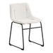 Right facing single view of a set of two contemporary white chenille dining side chairs with black bases on a white background