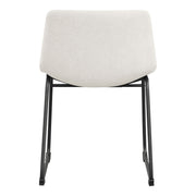 Front facing single back view of a set of two contemporary white chenille dining side chairs with black bases on a white background