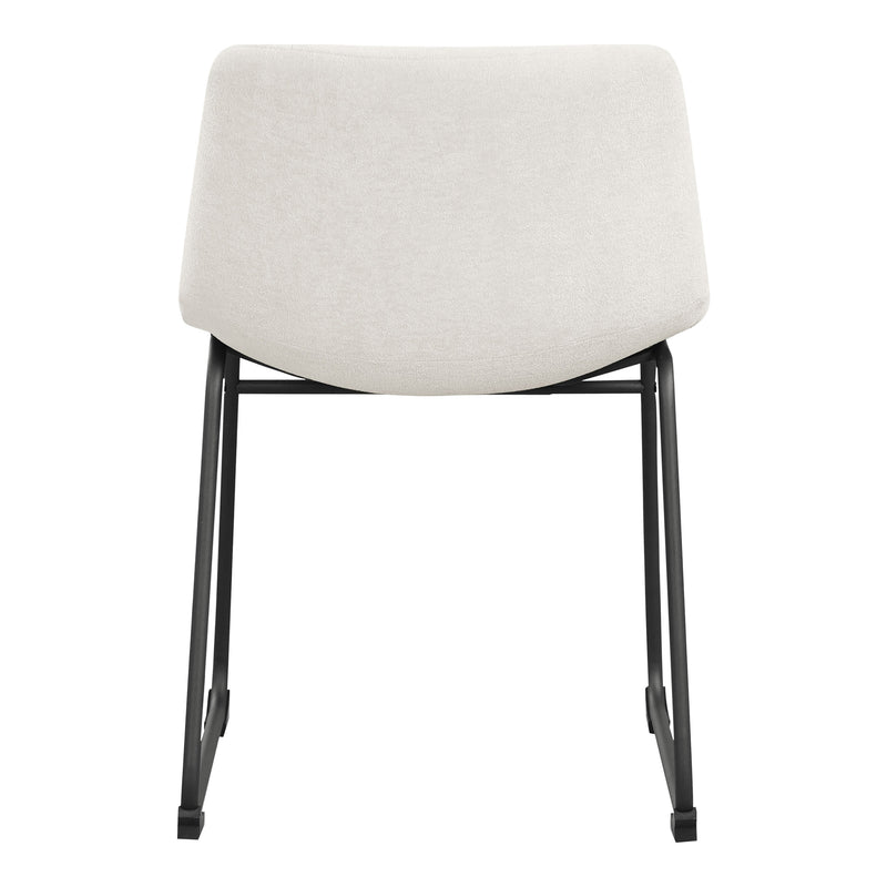 Front facing single back view of a set of two contemporary white chenille dining side chairs with black bases on a white background