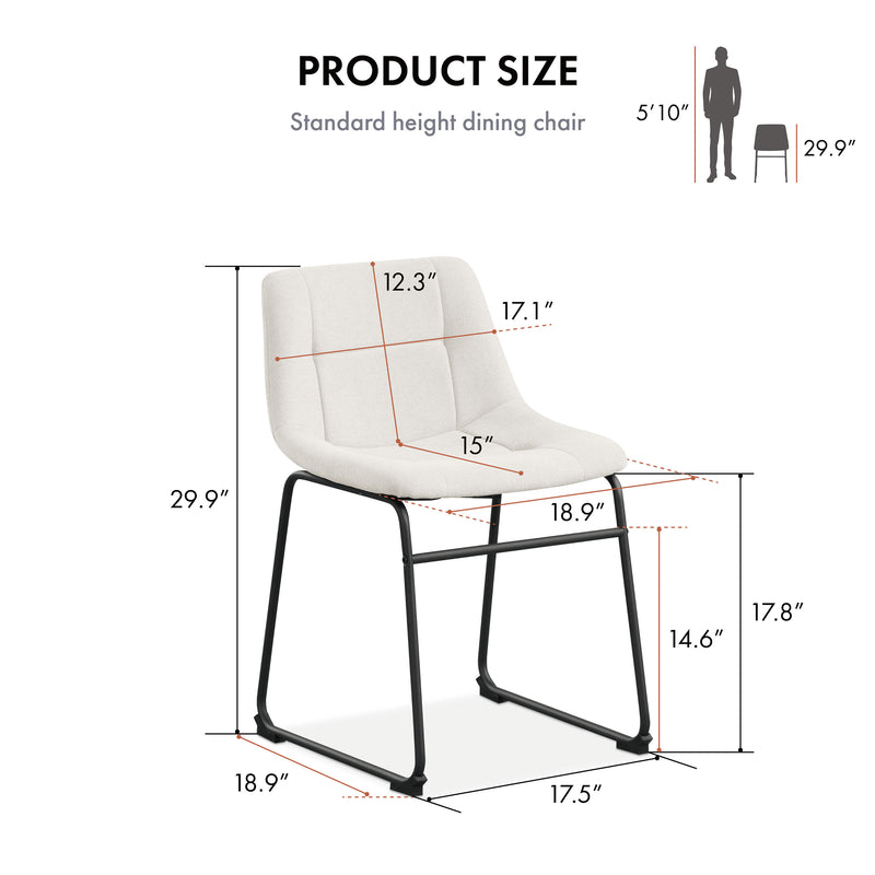 Informational image of the dimensions of a set of two contemporary white chenille dining side chairs with black bases