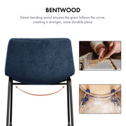 Informational image of the bentwood frame of a set of two contemporary white chenille dining side chairs with black bases