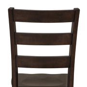 Front-facing close up of the ladder back of the side chair featured in a five-piece traditional espresso wooden dining set with a table and four chairs on a white background
