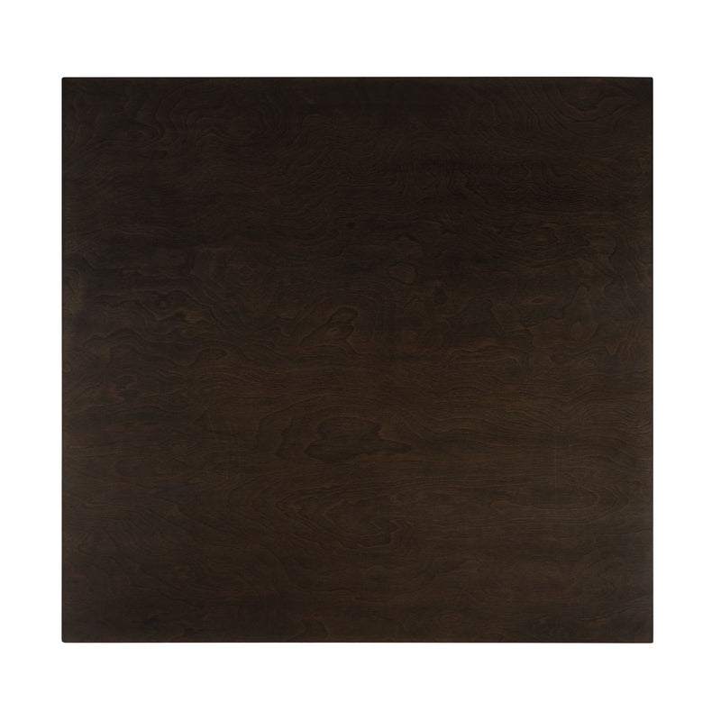 Front-facing top view of the tabletop featured in a five-piece traditional espresso wooden dining set with a table and four chairs on a white background