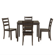 Front facing five-piece traditional espresso wooden dining set with a table and four chairs on a white background