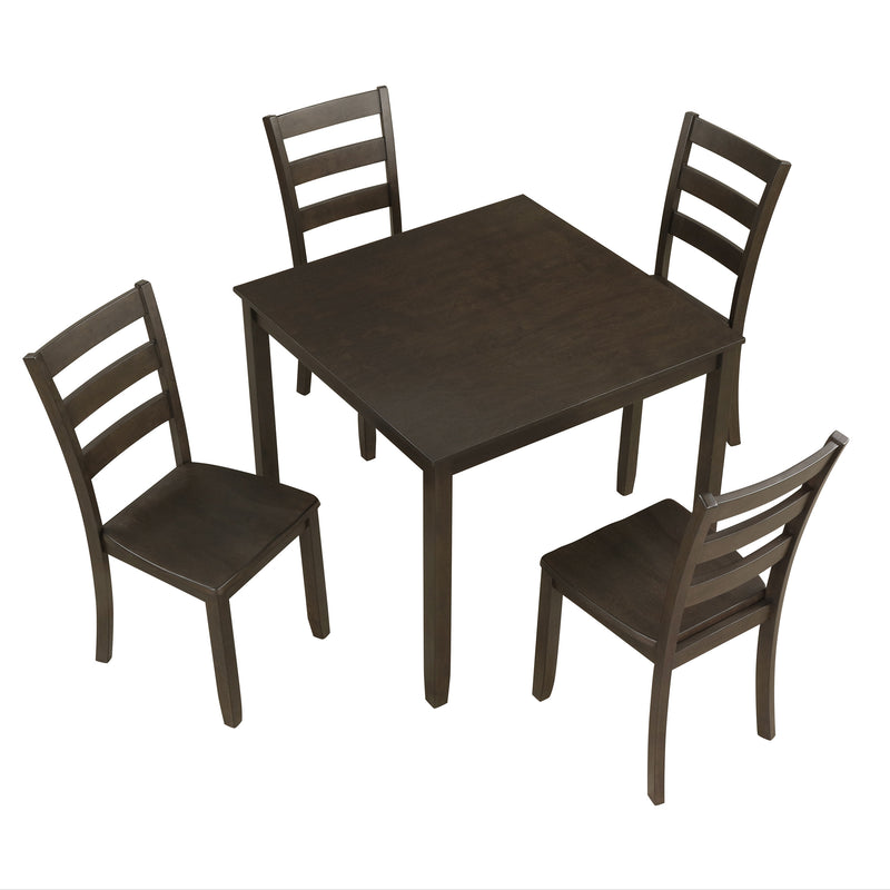 Side facing high-camera view of a five-piece traditional espresso wooden dining set with a table and four chairs on a white background