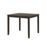 Side facing table-only view of five-piece traditional espresso wooden dining set with a table and four chairs on a white background