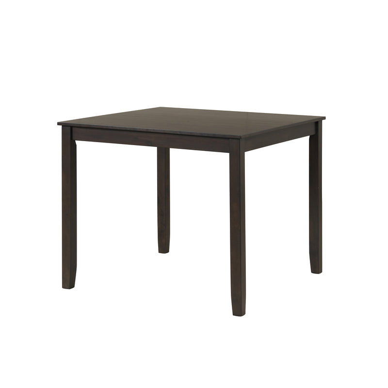 Side facing table-only view of five-piece traditional espresso wooden dining set with a table and four chairs on a white background