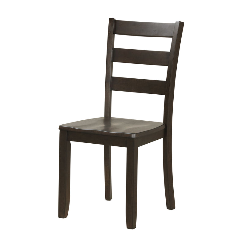 Left facing chair-only view of five-piece traditional espresso wooden dining set with a table and four chairs on a white background