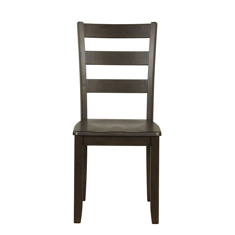 Front facing chair-only view of five-piece traditional espresso wooden dining set with a table and four chairs on a white background