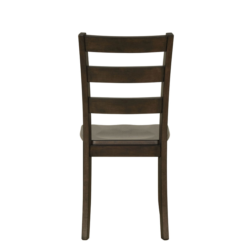Front facing chair-only back view of five-piece traditional espresso wooden dining set with a table and four chairs on a white background