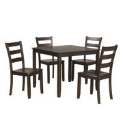 Side facing five-piece traditional espresso wooden dining set with a table and four chairs on a white background