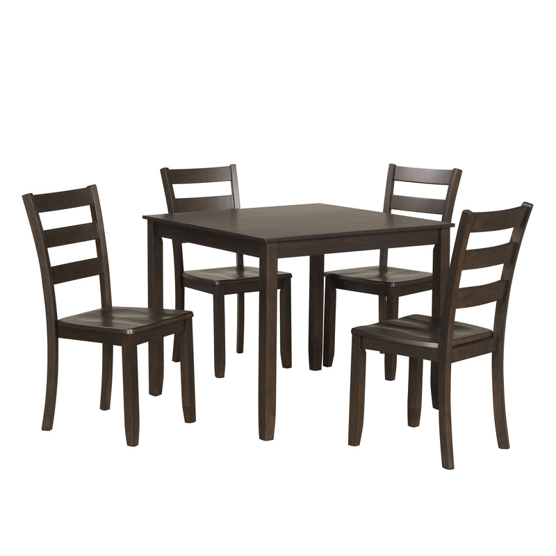 Side facing five-piece traditional espresso wooden dining set with a table and four chairs on a white background