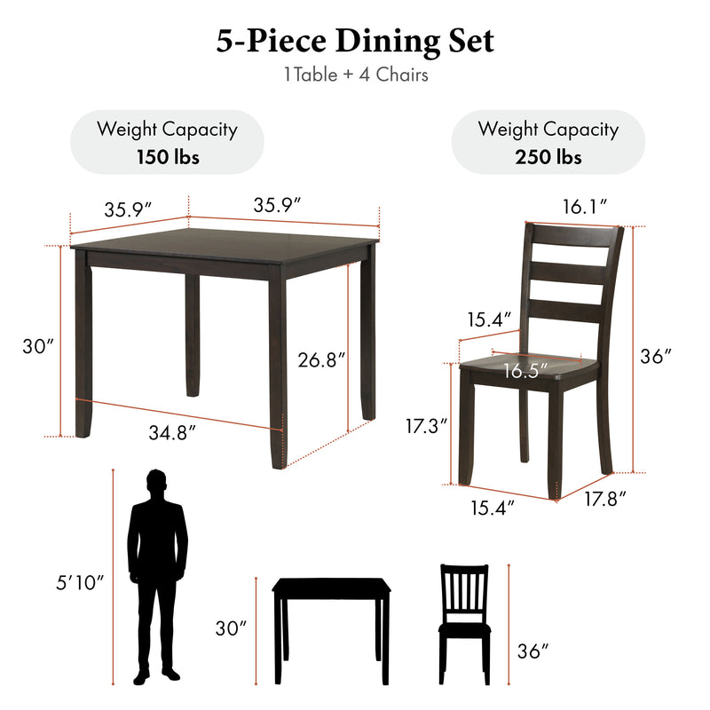 Informational image of the dining table and chair overlaid with dimensions for a five-piece traditional espresso wooden dining set with a table and four chairs