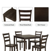 Informational image showing selling features of a five-piece traditional espresso wooden dining set with a table and four chairs