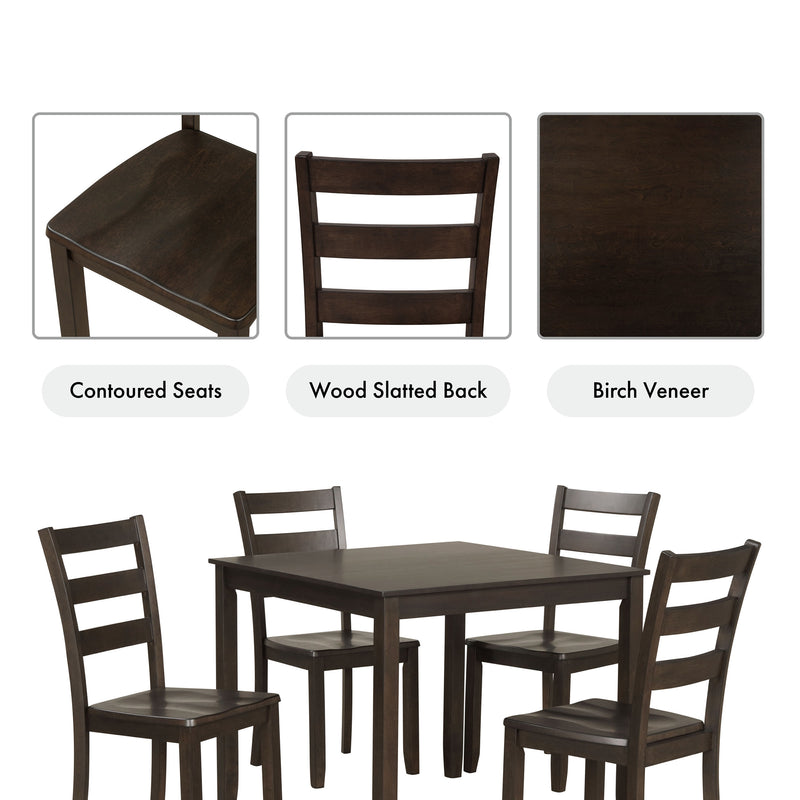 Informational image showing selling features of a five-piece traditional espresso wooden dining set with a table and four chairs