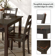 Informational image showing rounded edges of a five-piece traditional espresso wooden dining set with a table and four chairs