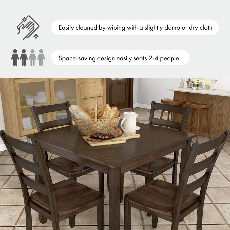 Informational image showing cleaning instructions and seating capacity of a five-piece traditional espresso wooden dining set with a table and four chairs