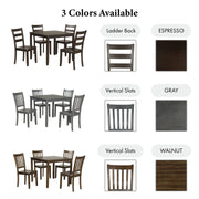 Informational image showing color and chair back options of a five-piece traditional espresso wooden dining set with a table and four chairs