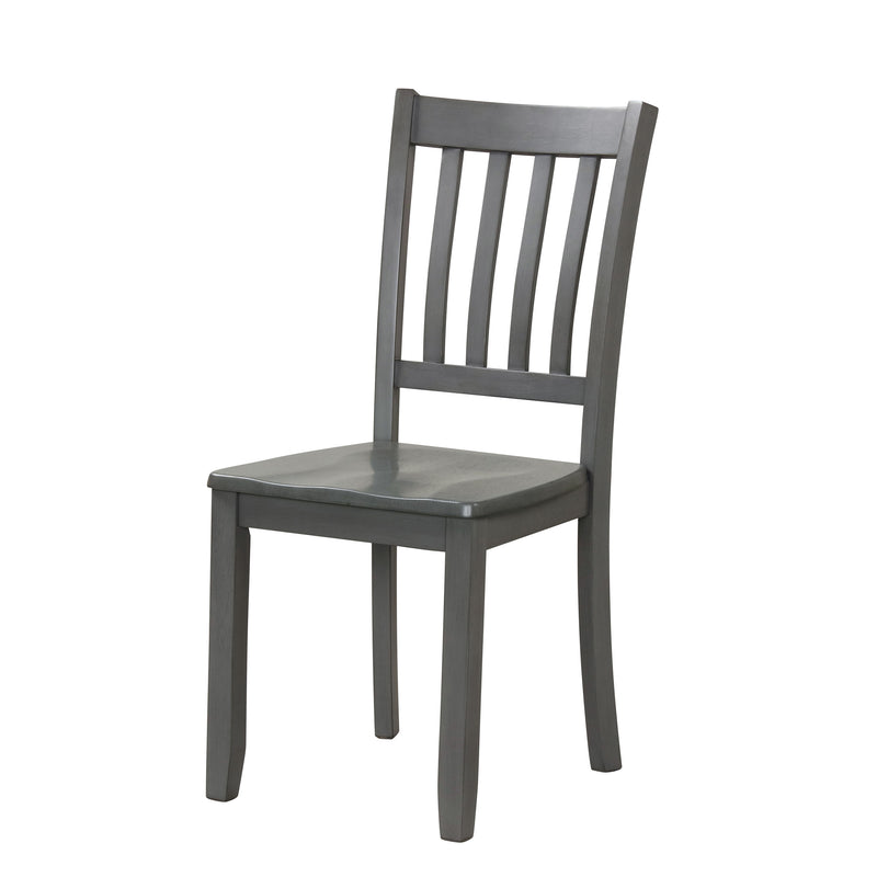 Left facing chair-only view of five-piece traditional grey wooden dining set with a table and four chairs on a white background