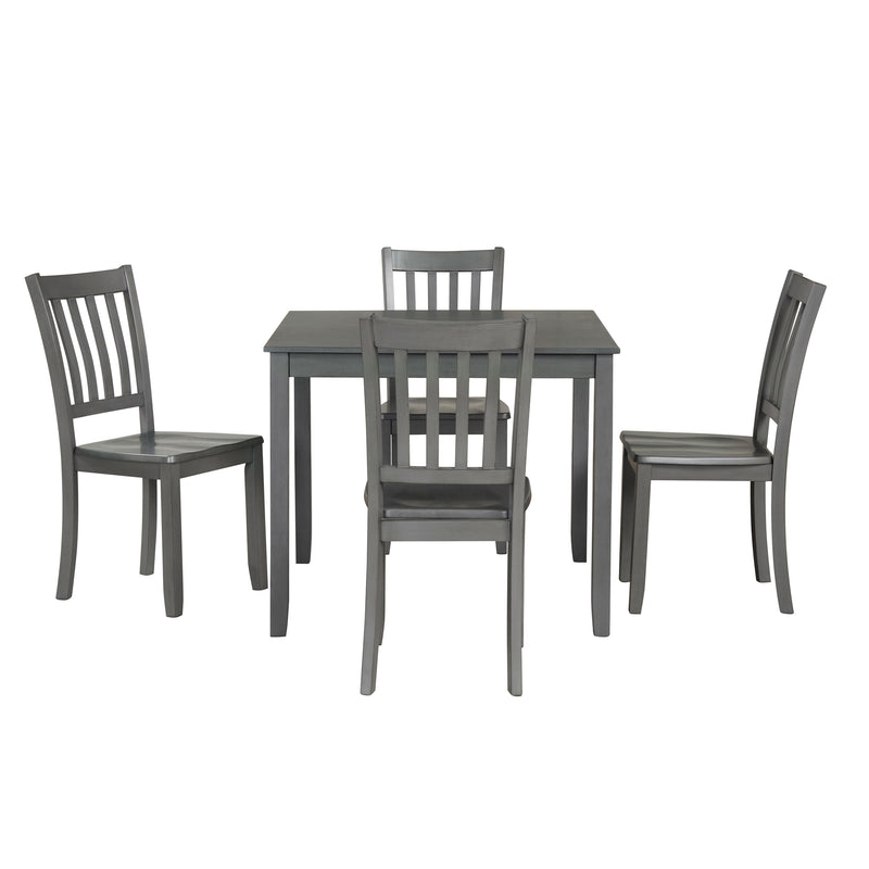 Front facing five-piece traditional grey wooden dining set with a table and four chairs on a white background