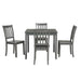 Front facing five-piece traditional grey wooden dining set with a table and four chairs on a white background