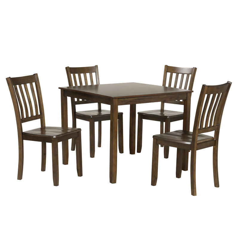 Side facing five-piece traditional walnut wooden dining set with a table and four chairs on a white background
