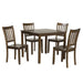 Side facing five-piece traditional walnut wooden dining set with a table and four chairs on a white background
