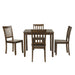 Front facing five-piece traditional walnut wooden dining set with a table and four chairs on a white background