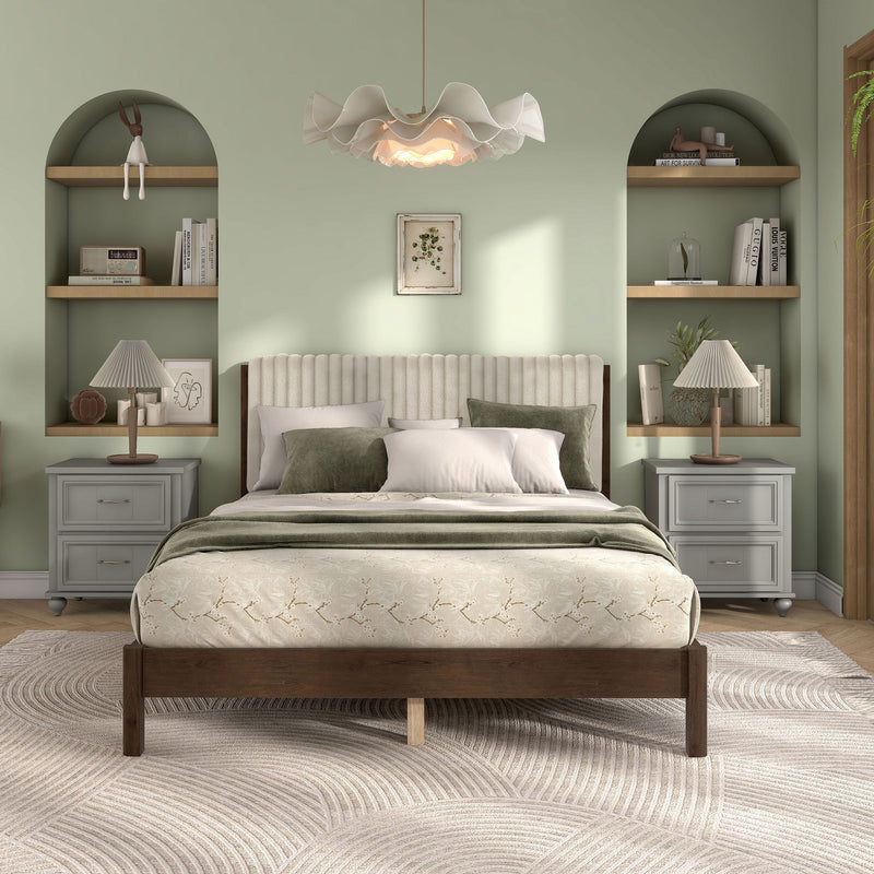 Front facing modern dark walnut wood frame light brown corduroy tufted headboard queen platform bed in a room with linens and accessories