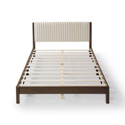 Front facing high-camera view of a modern dark walnut wood frame light brown corduroy tufted headboard queen platform bed on a white background