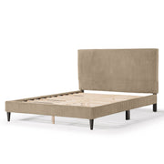 Left facing modern light brown corduroy channel tufted headboard queen platform bed on a white background