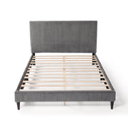 Front facing high-camera view of a modern dark grey corduroy channel tufted headboard queen platform bed on a white background