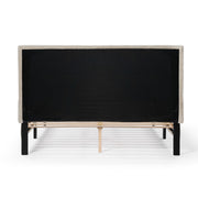 Front facing back view of a modern ivory corduroy channel tufted headboard queen platform bed on a white background