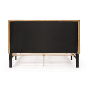 Front facing back view of a modern yellow corduroy channel tufted headboard queen platform bed on a white background