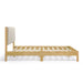 Front facing side view of a modern wood frame light brown corduroy tufted headboard queen platform bed on a white background