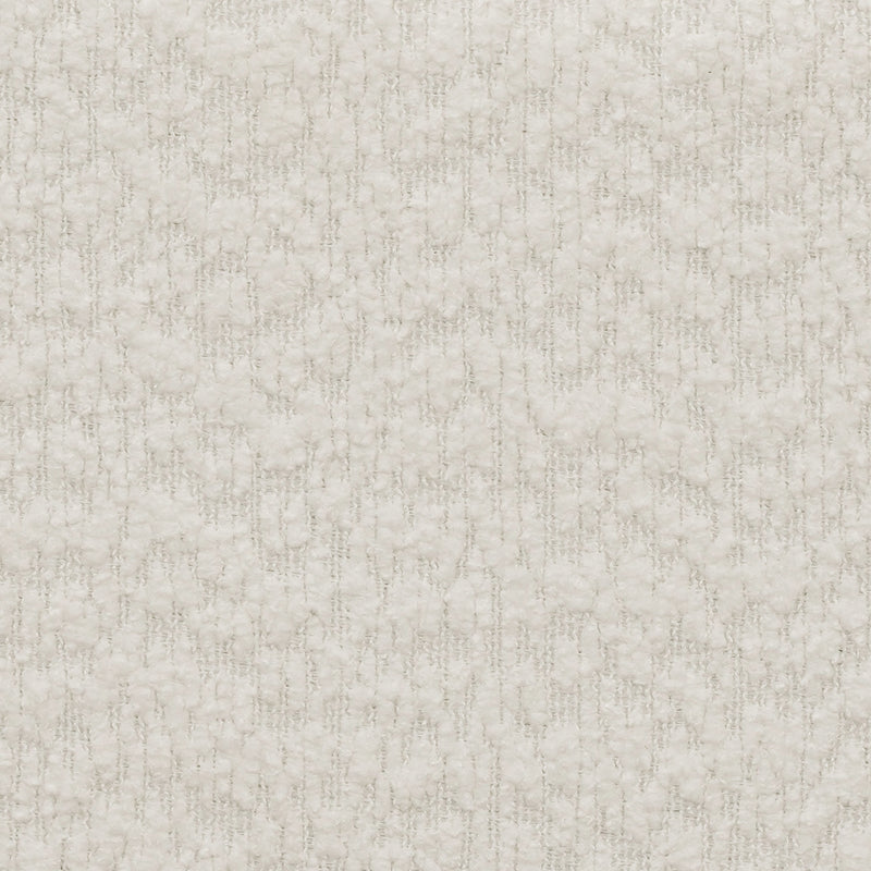 Close up swatch of the upholstery fabric of a modern black finish queen canopy platform bed with white boucle upholstery