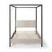 Front facing modern black finish queen canopy platform bed with light brown corduroy fur upholstery on a white background