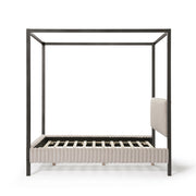 Front facing side view of a modern black finish queen canopy platform bed with light brown corduroy fur upholstery on a white background