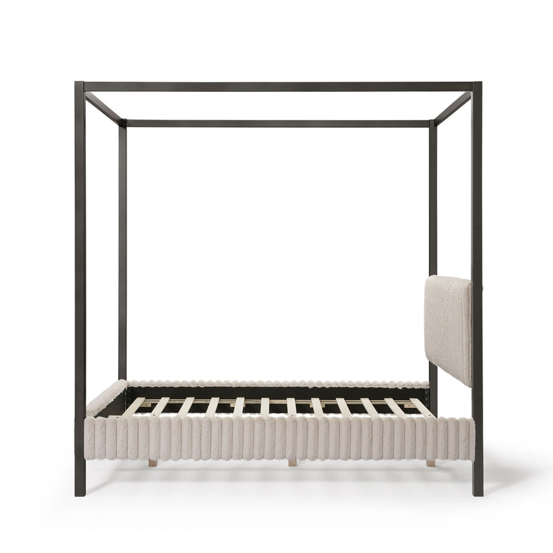 Front facing side view of a modern black finish queen canopy platform bed with light brown corduroy fur upholstery on a white background