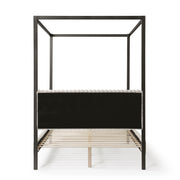 Front facing back view of a modern black finish queen canopy platform bed with light brown corduroy fur upholstery on a white background