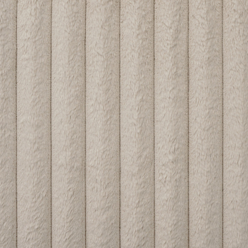 Close up swatch of the upholstery fabric of a modern black finish queen canopy platform bed with light brown corduroy fur upholstery