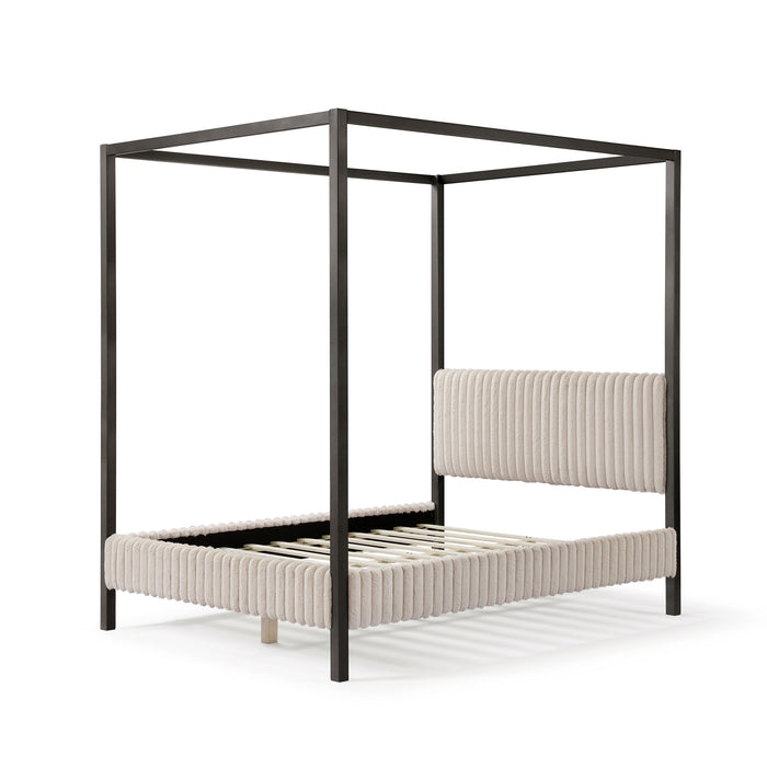 Left facing modern black finish queen canopy platform bed with light brown corduroy fur upholstery on a white background
