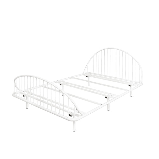 Left facing industrial white metal full bed frame with rounded head and footboards on a white background