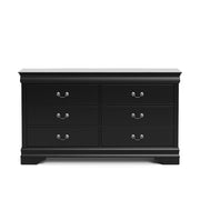 Front facing traditional black finish solid wood six-drawer dresser on a white background