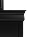 Front facing close up of a traditional black finish solid wood two-drawer nightstand showing its molded trim, on a white background