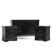 Three-piece traditional black finish bedroom set that includes (1) six-drawer dresser and (2) two-drawer nightstands on a white background