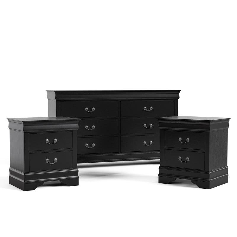 Three-piece traditional black finish bedroom set that includes (1) six-drawer dresser and (2) two-drawer nightstands on a white background
